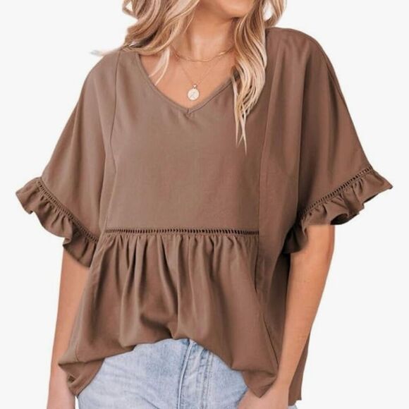 DOKOTOO | Brown Blouse Casual V-Neck Ruffle Bell Half Sleeve Shirts Top | XL - Picture 1 of 8